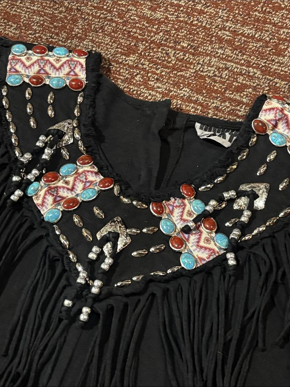 Vintage beaded fringe top western long sleeve shirt heavyweight fall cowgirl M/L